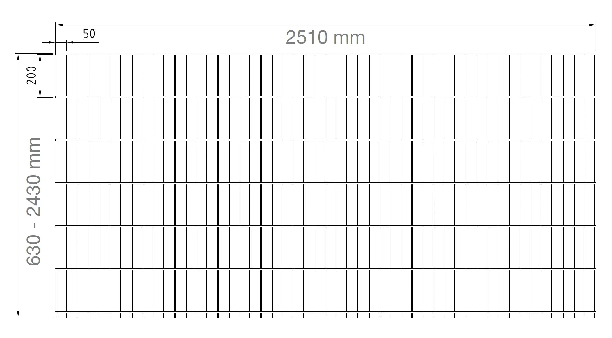 Doppelstabmattenzaun Zeichnung mit Maßen 2510 mm Breite und 630-2430 mm Höhe
