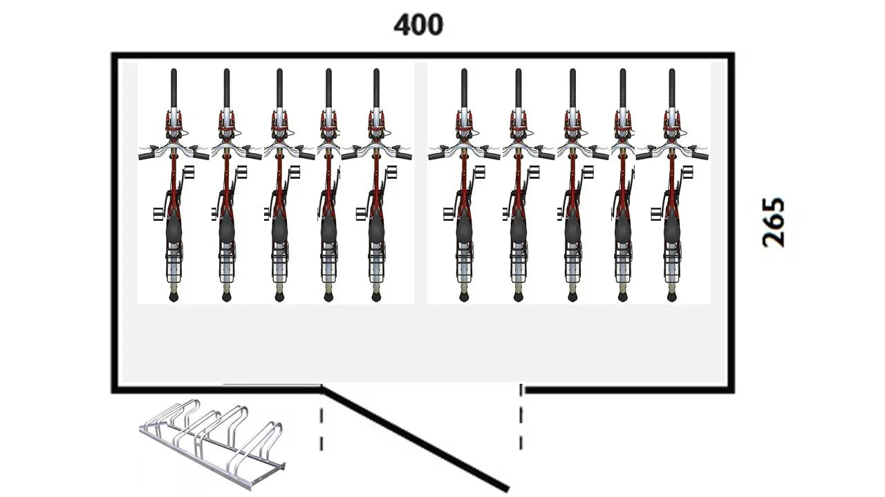 Schema Fahrradhaus mit Fahrradständern, Draufsicht, Maße 400x265 cm, acht Fahrräder