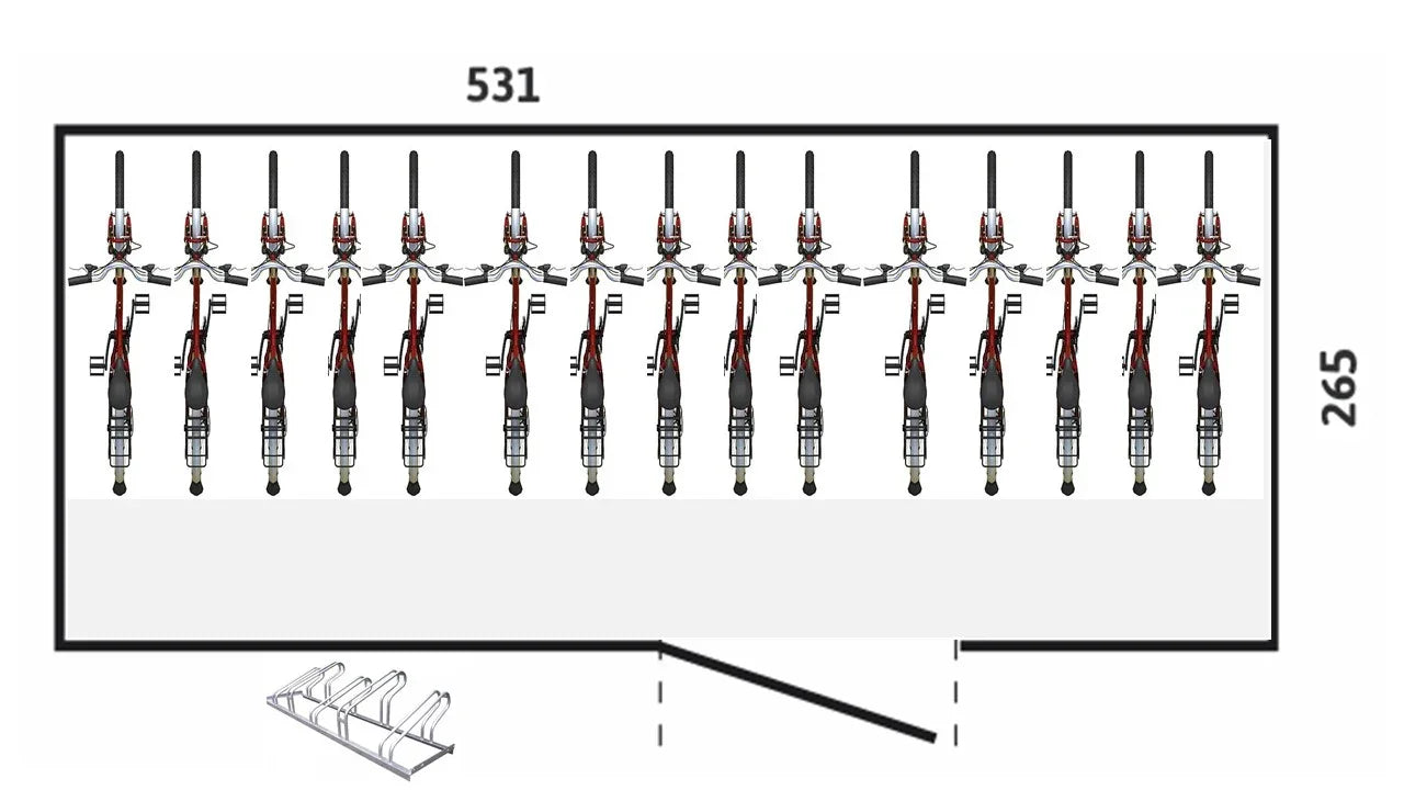 Schema eines Fahrradhauses mit 16 abgestellten Fahrrädern, Maße 531x265 cm