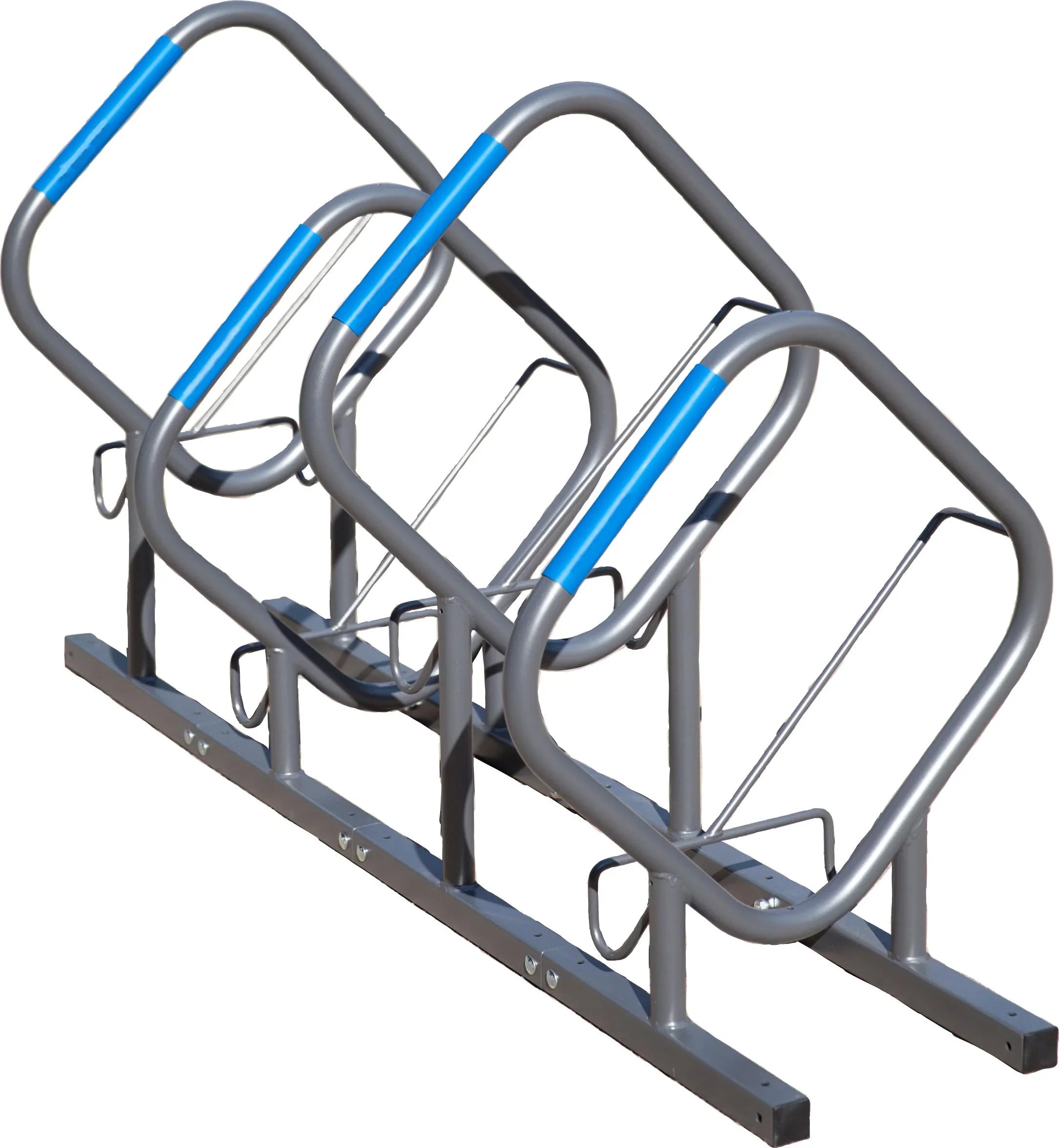 Grauer Fahrradparker aus Metall mit drei Abstellplätzen und blauen Markierungen