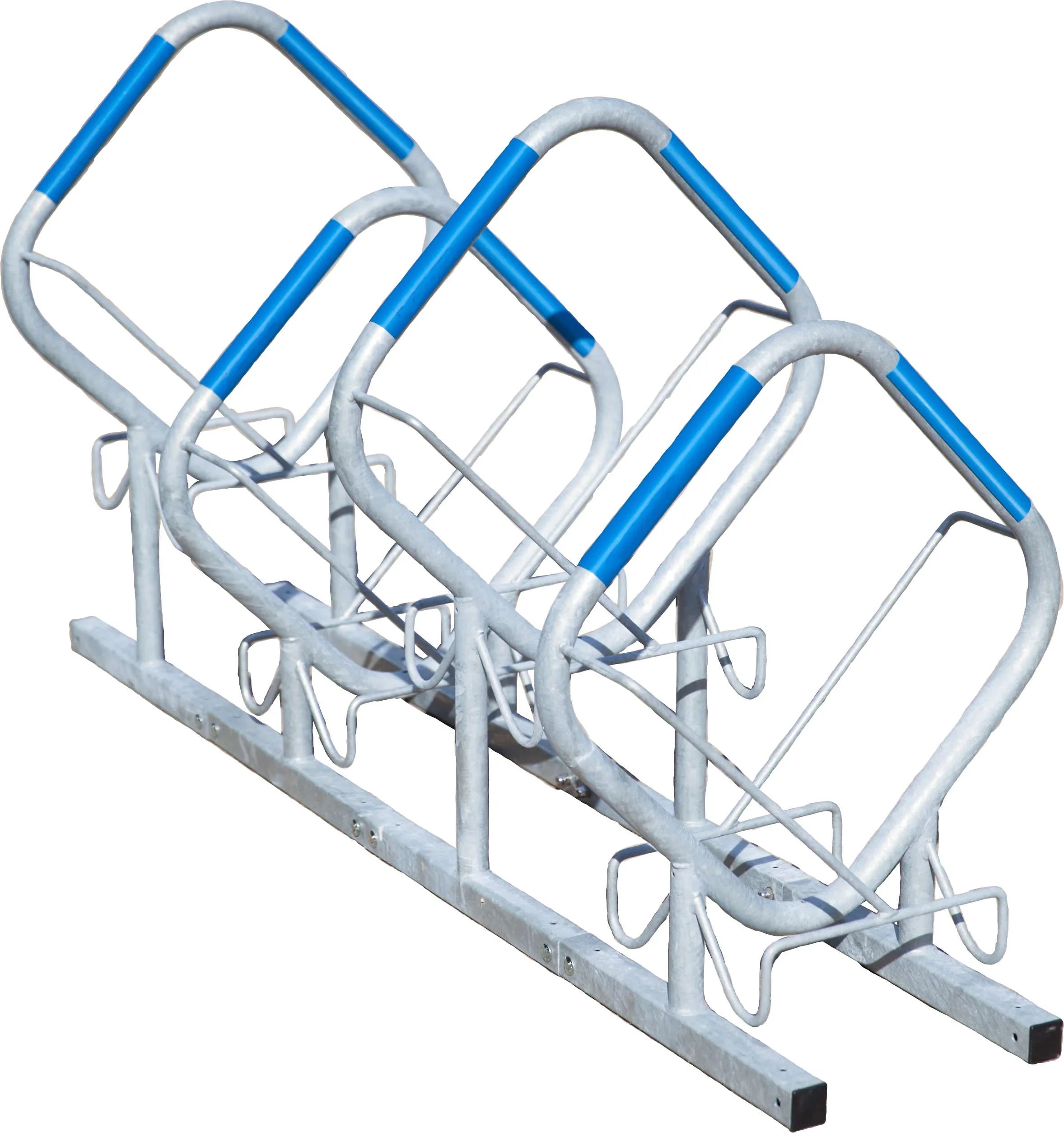 Verzinkter Fahrradparker aus Metall mit blauen Akzenten für drei Fahrräder
