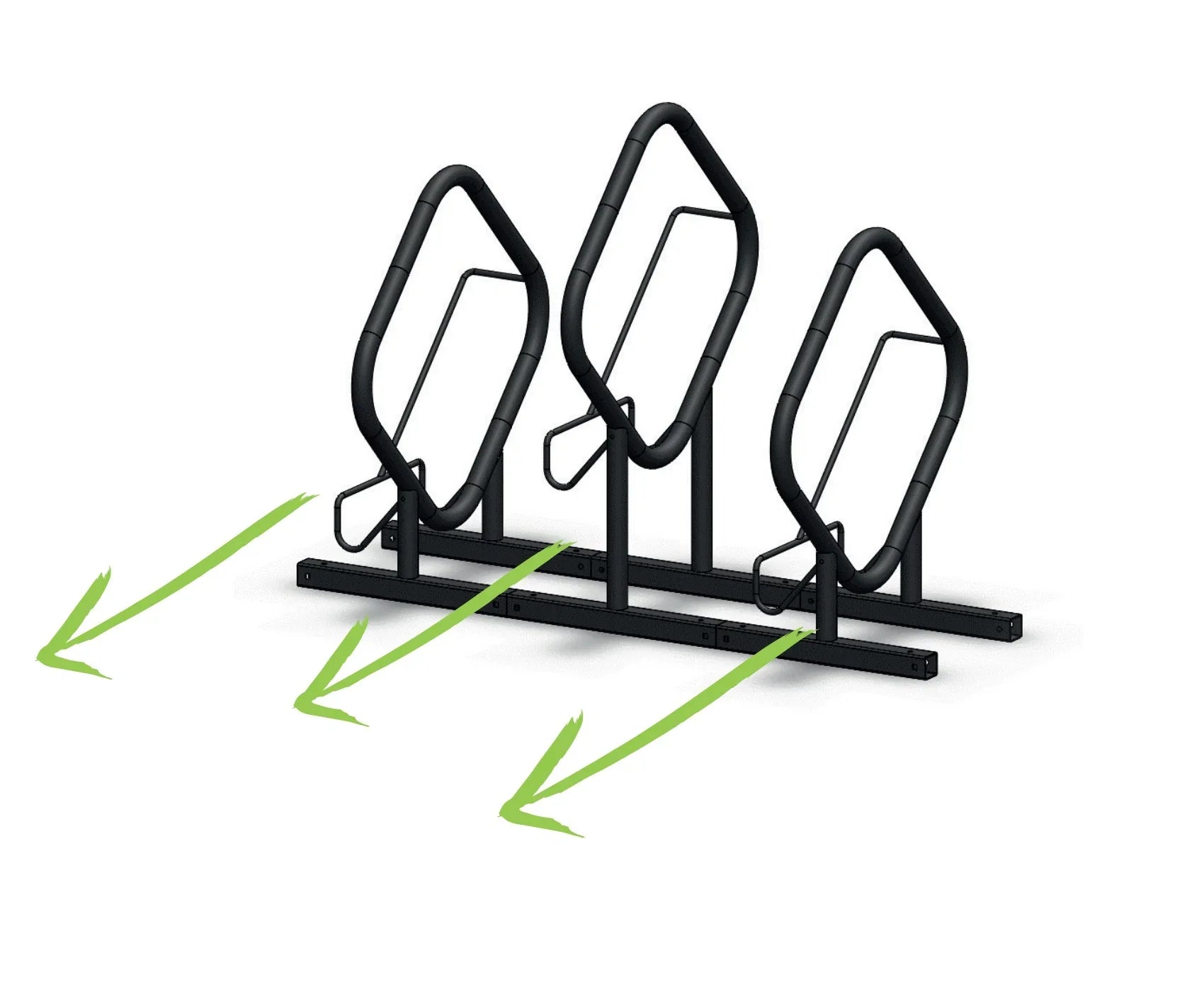 Fahrradparker aus Metall, einseitig, mit drei Stellplätzen, freistehend auf weißem Hintergrund.