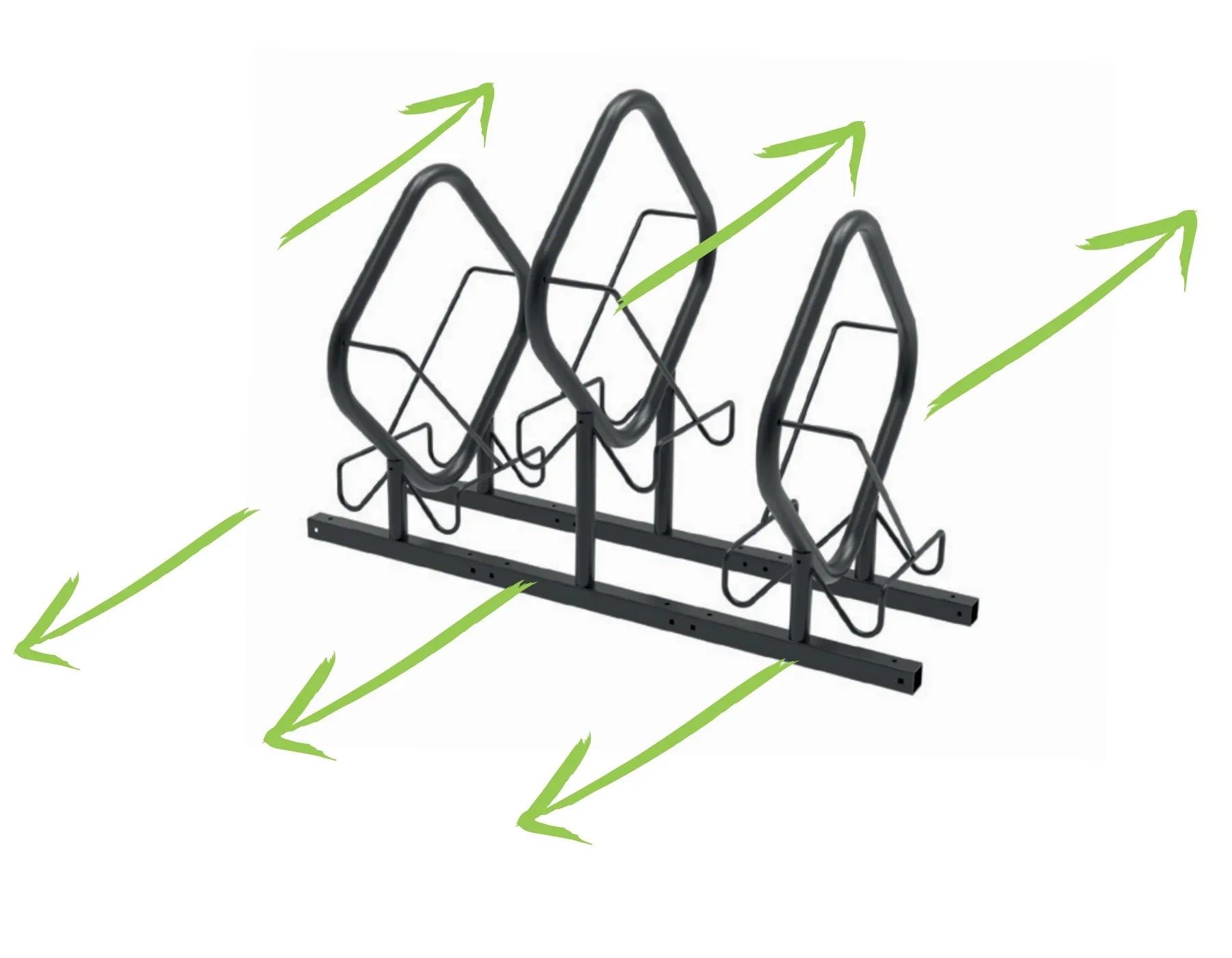 Zweiseitiger Fahrradparker aus Metall mit drei Stellplätzen auf weißem Hintergrund