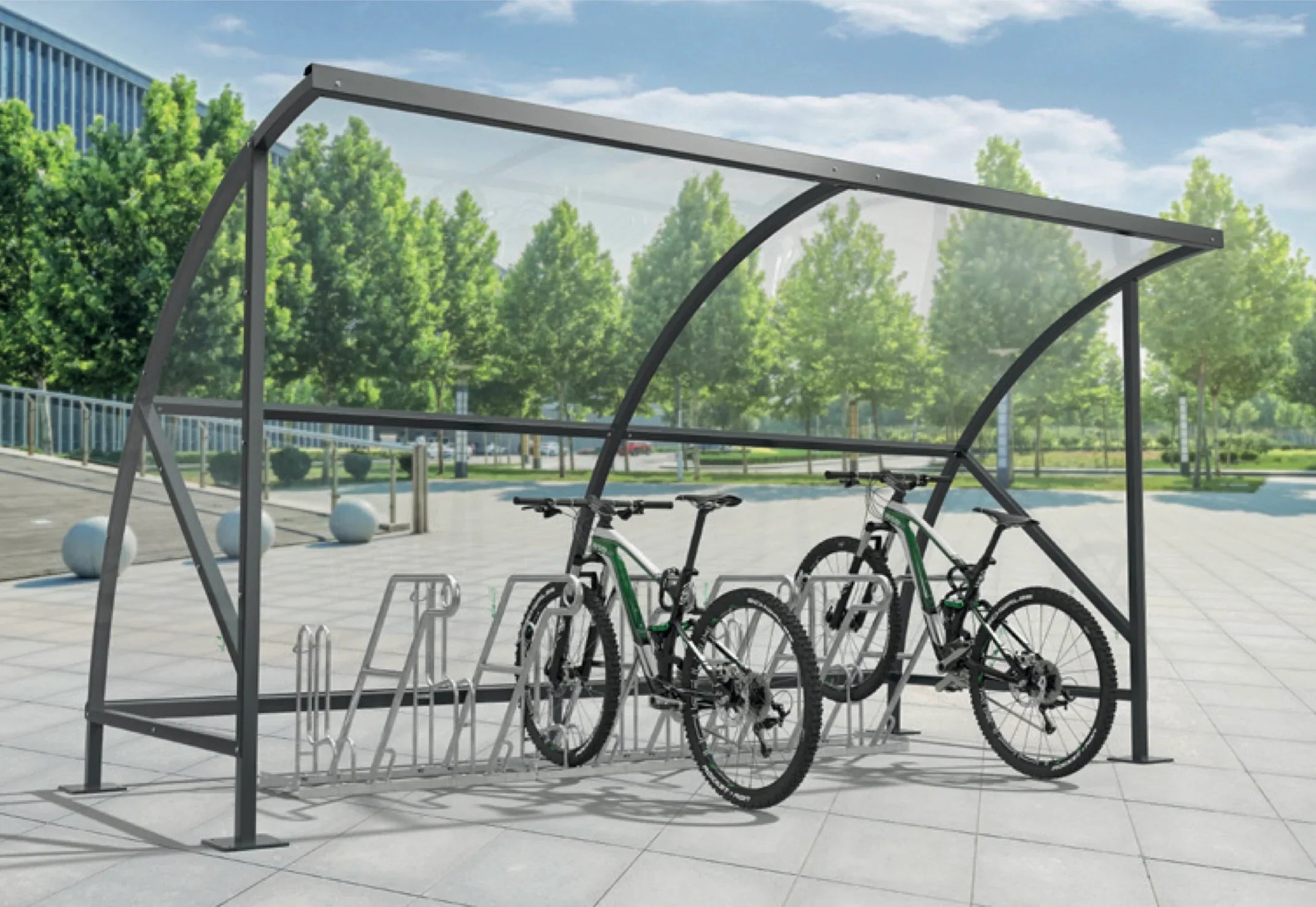 Moderner Fahrradunterstand aus Metall mit integrierten Fahrradständern im Außenbereich