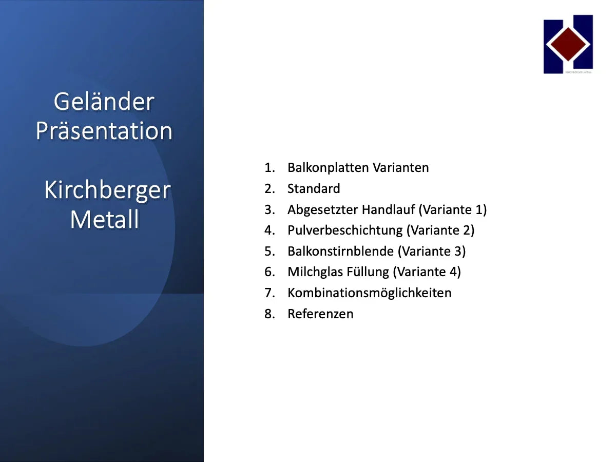 Präsentationsfolie mit Themenübersicht zu Geländer-Varianten, Handlauf, Pulverbeschichtung, Milchglasfüllung