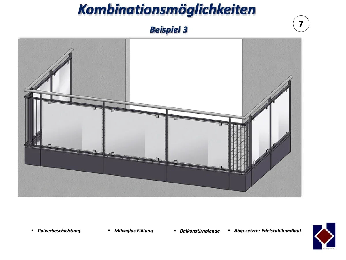 Balkongeländer mit Pulverbeschichtung, Milchglasfüllung und Edelstahlhandlauf in Eckform