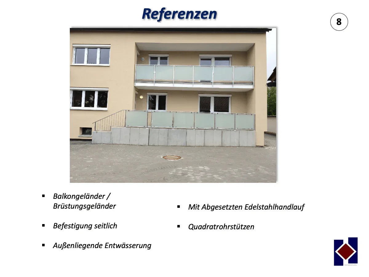 Moderne Balkongeländer mit satinierten Glasfüllungen und Edelstahlhandlauf an Wohnhaus
