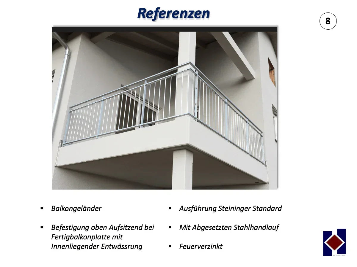 Balkongeländer aus verzinktem Stahl mit abgesetztem Handlauf an modernem Gebäude
