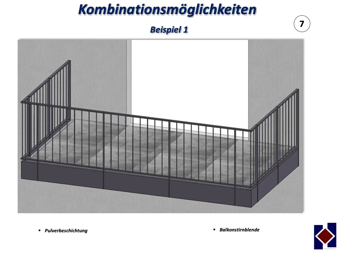 Metall Balkongeländer mit senkrechten Stäben, Pulverbeschichtung und Balkonstirnblende.