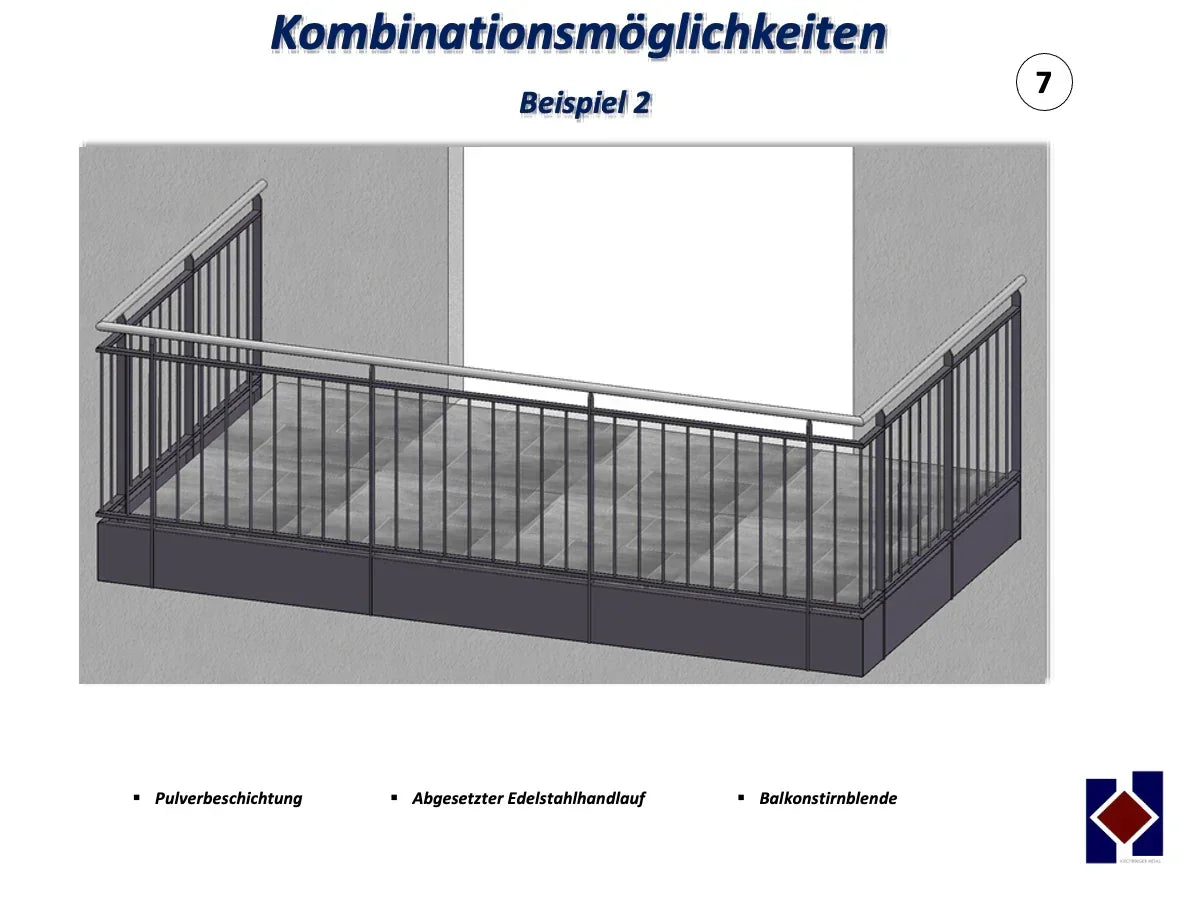 Visualisiertes Metall-Geländer mit Edelstahlhandlauf, Pulverbeschichtung und Balkonstirnblende, Beispiel Balkonbau.