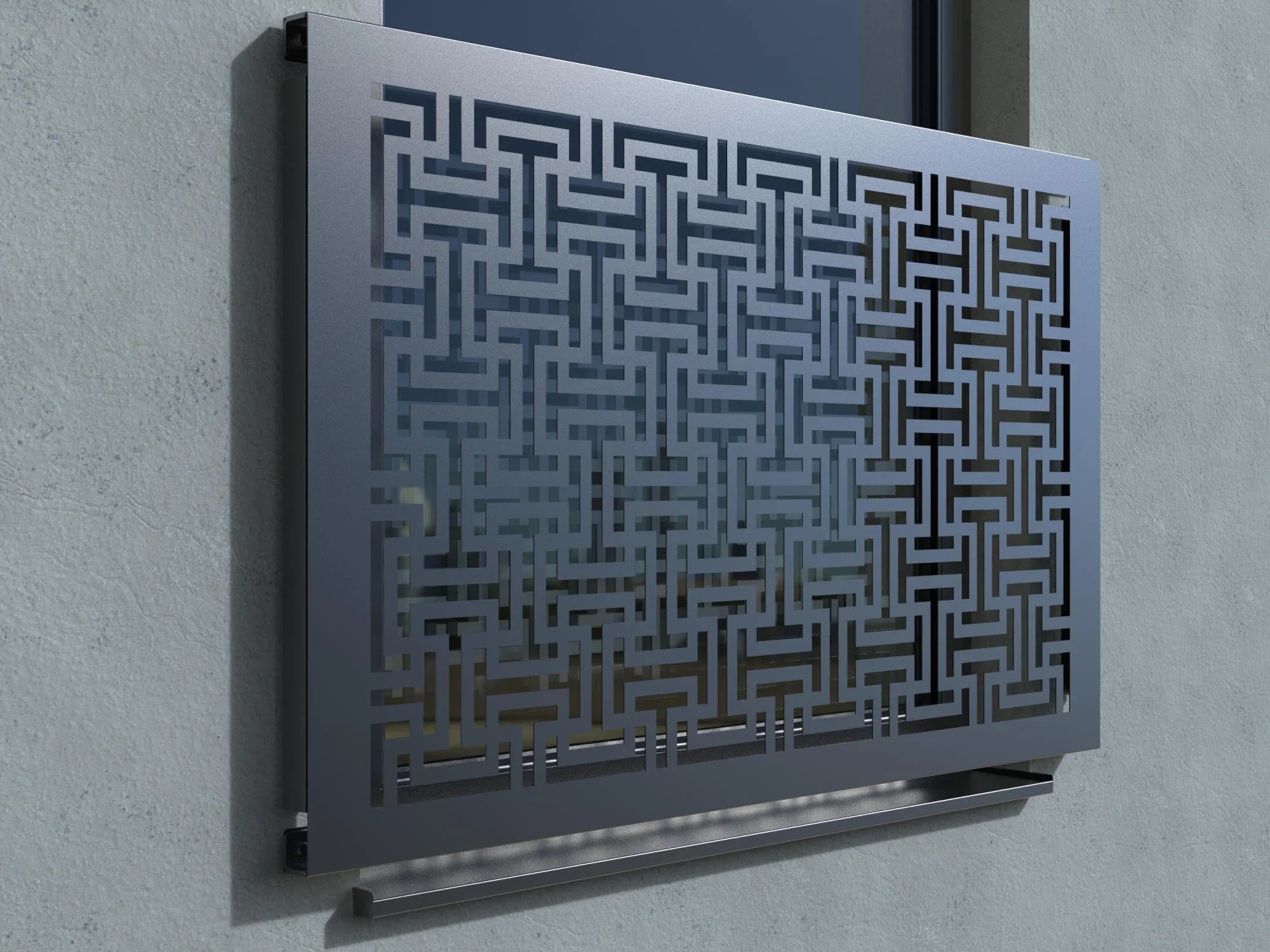 Französischer Balkon aus Aluminium mit modernem, geometrischem Muster vor Fenster