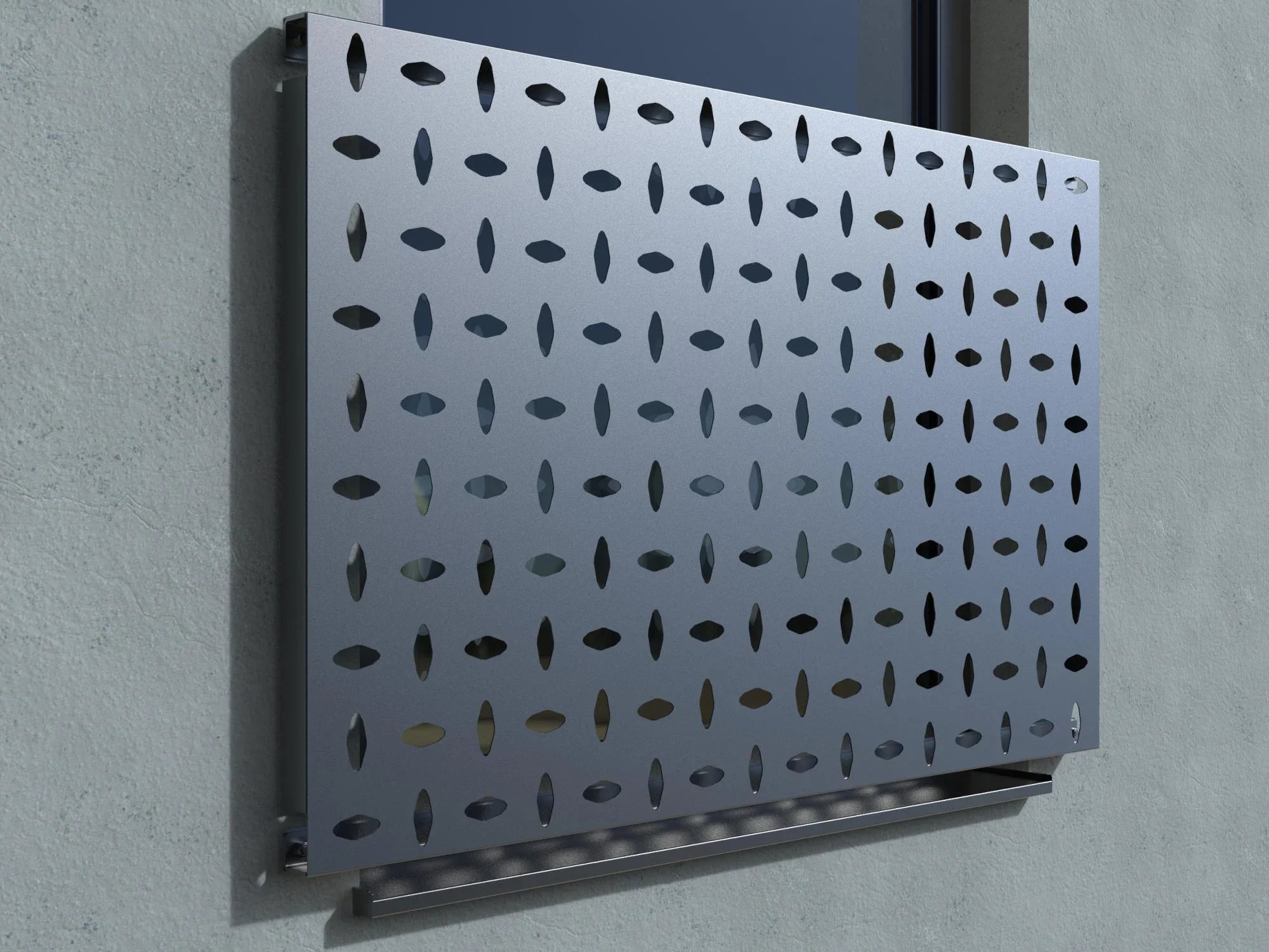 Französischer Balkon aus Aluminium, pulverbeschichtet, mit modernem Lochmuster vor Fenster