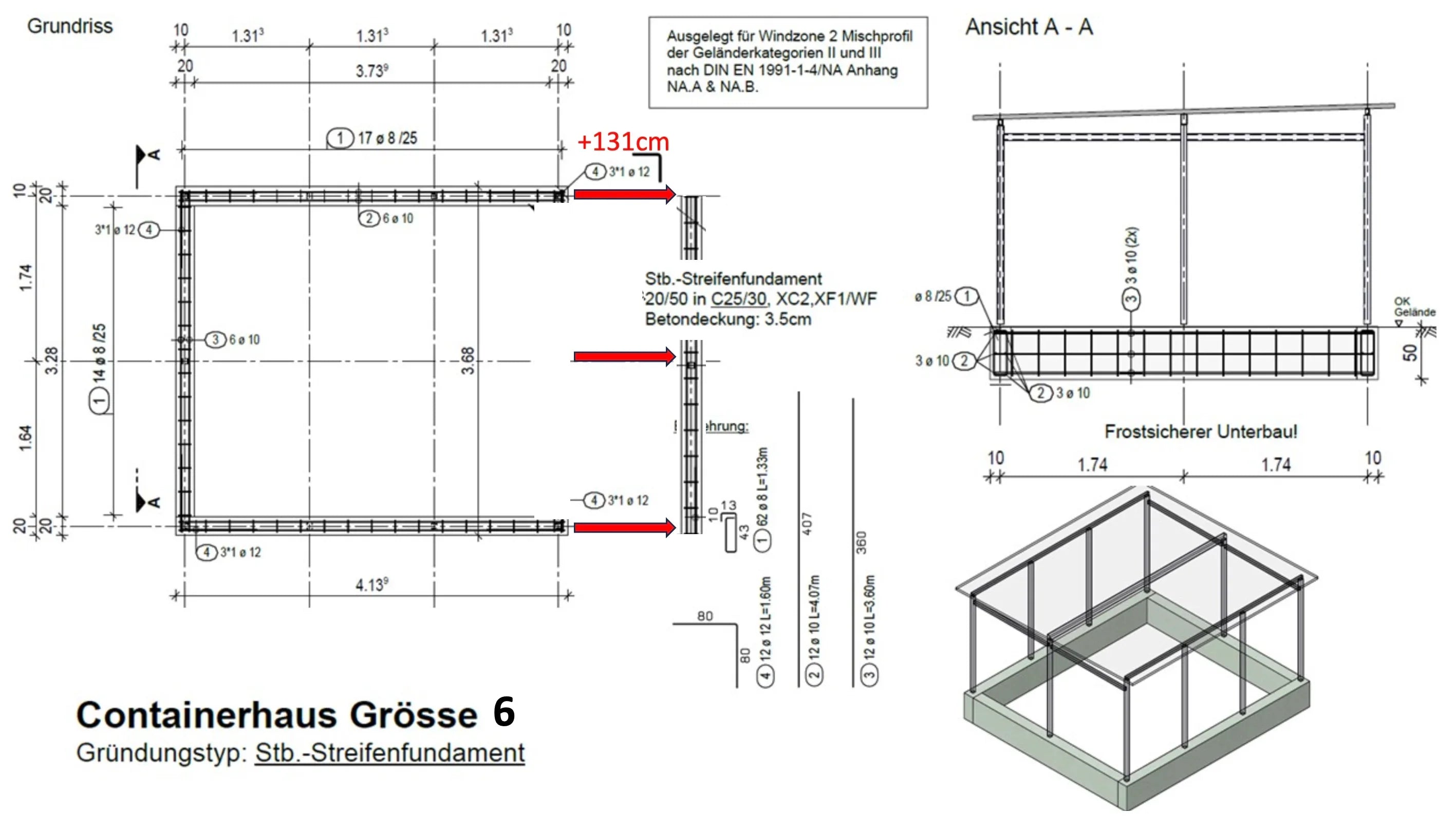 Technische Zeichnung Containerhaus Größe 6 mit Streifenfundament, Grundriss und 3D-Ansicht
