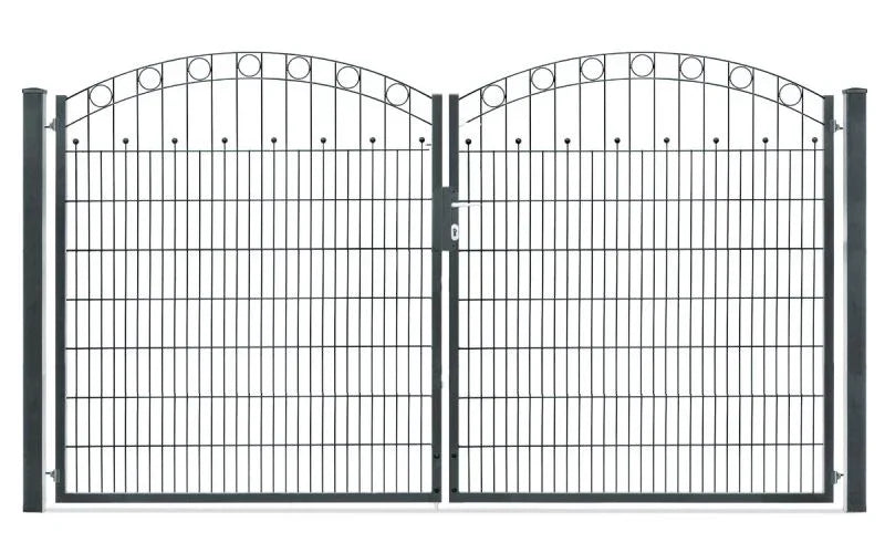 Doppelflügeliges Gartentor aus Metall in Anthrazit mit dekorativem Rundbogen und Zaunstäben