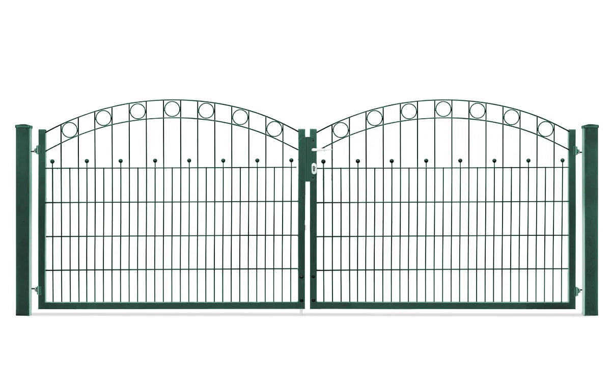 Zweiflügeliges Gartentor aus Metall in Moosgrün mit Rundornamenten, Höhe 1006 mm