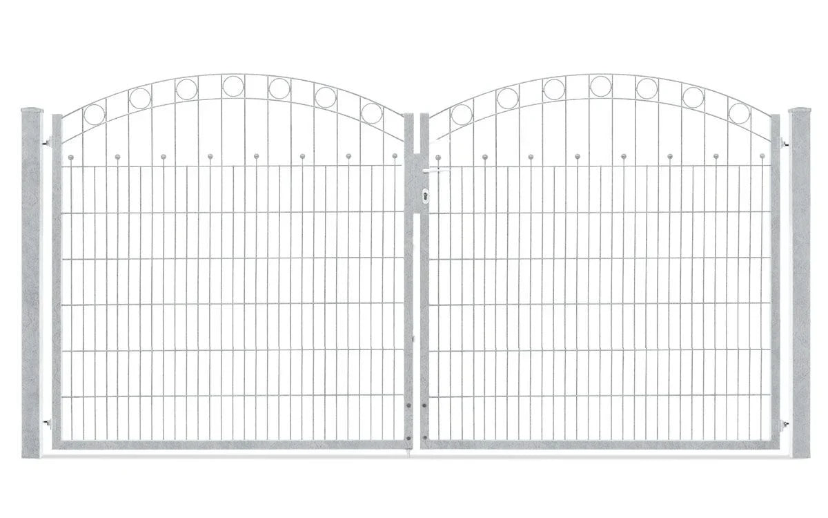 Zweiflügeliges verzinktes Gartentor aus Metall mit Bögen und Kreismuster, Höhe 1406 mm