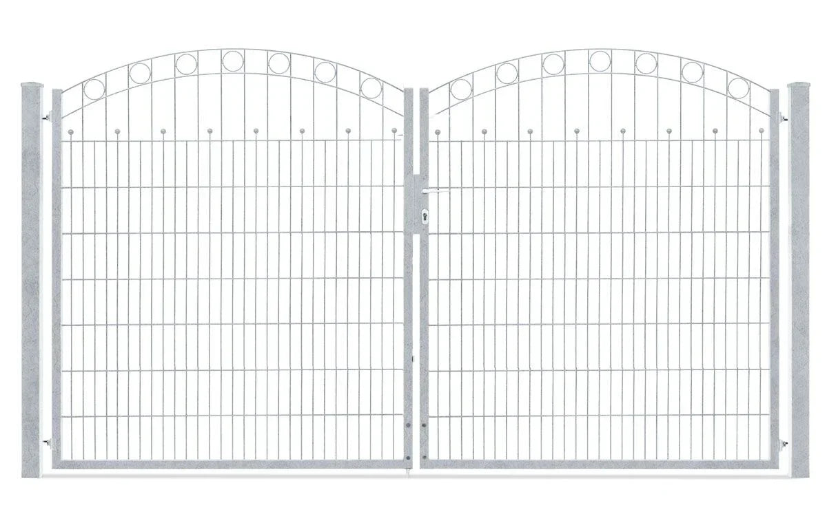 Zweiflügeliges, verzinktes Gartentor aus Metall mit runden Verzierungen, 1606 mm hoch
