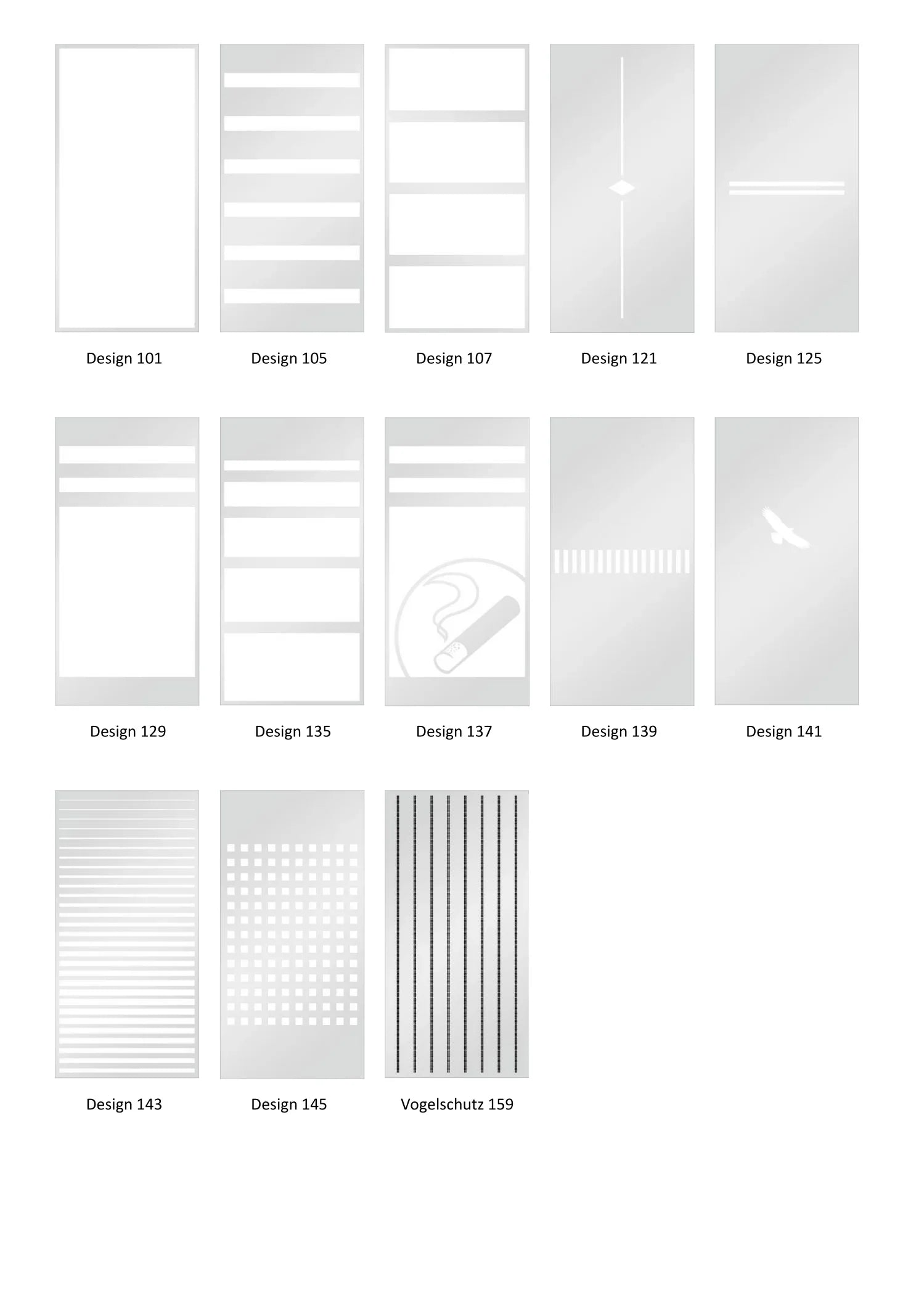 Verschiedene Glasdesigns für Metallbau, mit Linien, Mustern und Symbolen, Designübersicht