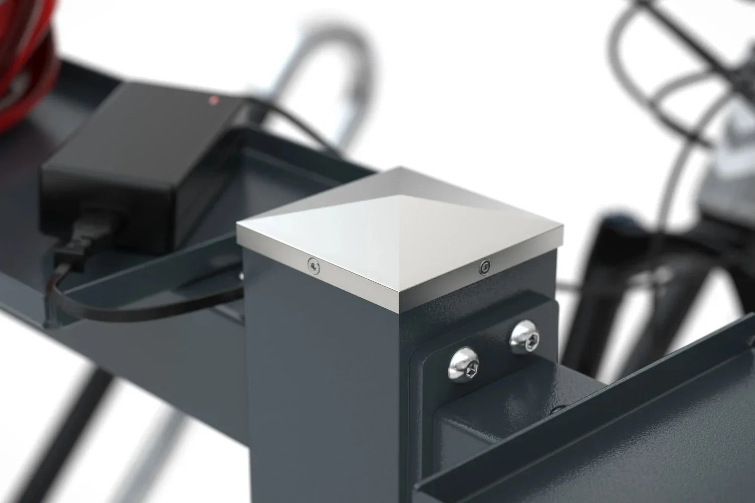 Detailansicht Ladestation für Anlehnparker, stabile Metallkonstruktion mit Ladegerät.