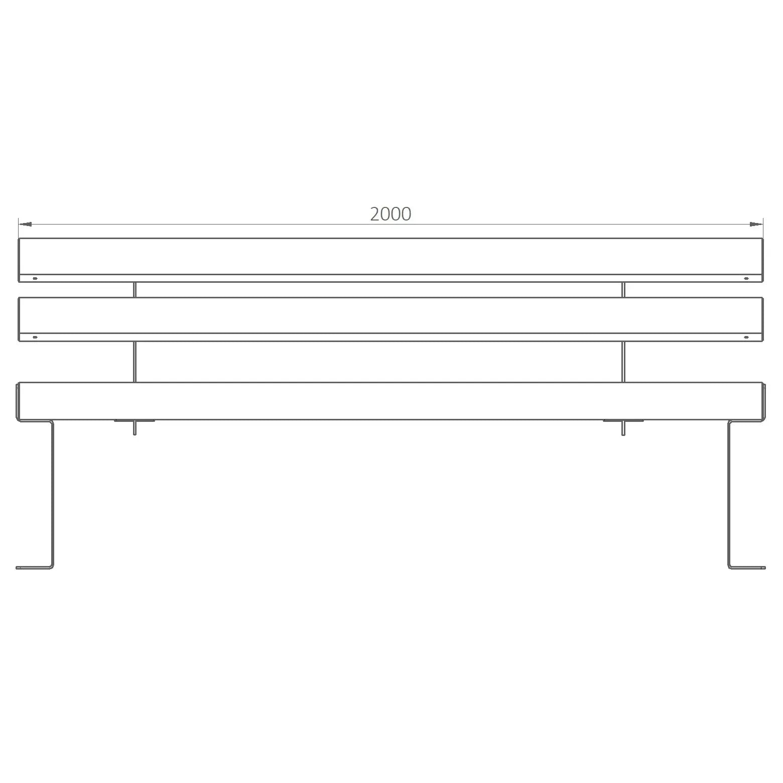Zeichnung einer Parkbank Caracas aus Metall, Vorderansicht mit Maßangabe 2000 mm.