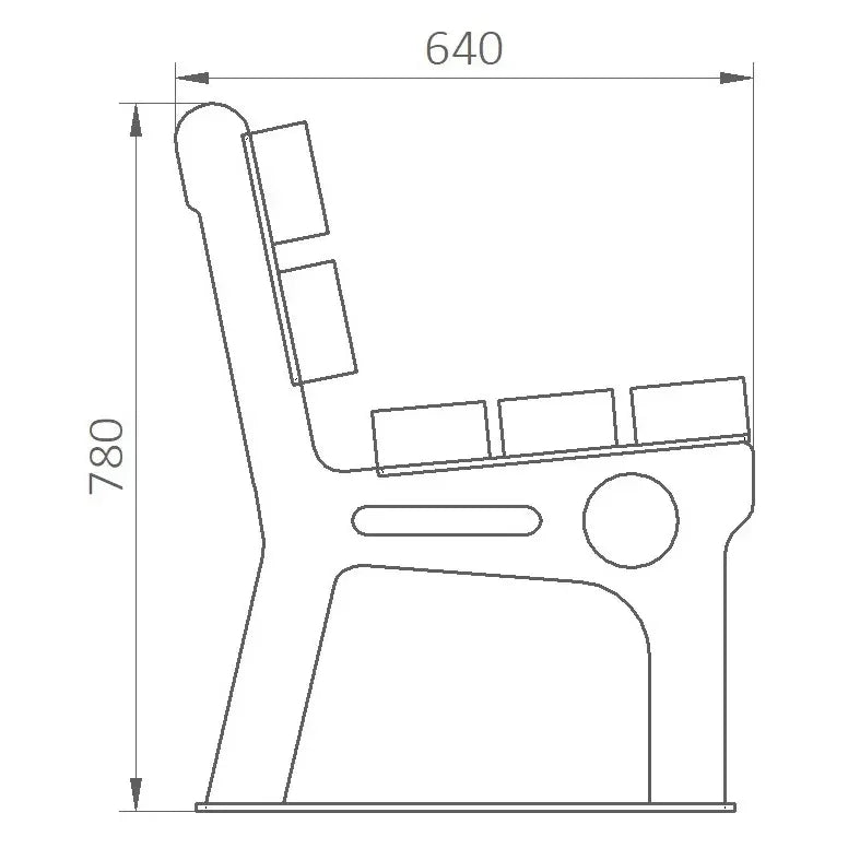 Technische Zeichnung einer Parkbank aus Metall, Maße 780 mm hoch, 640 mm tief