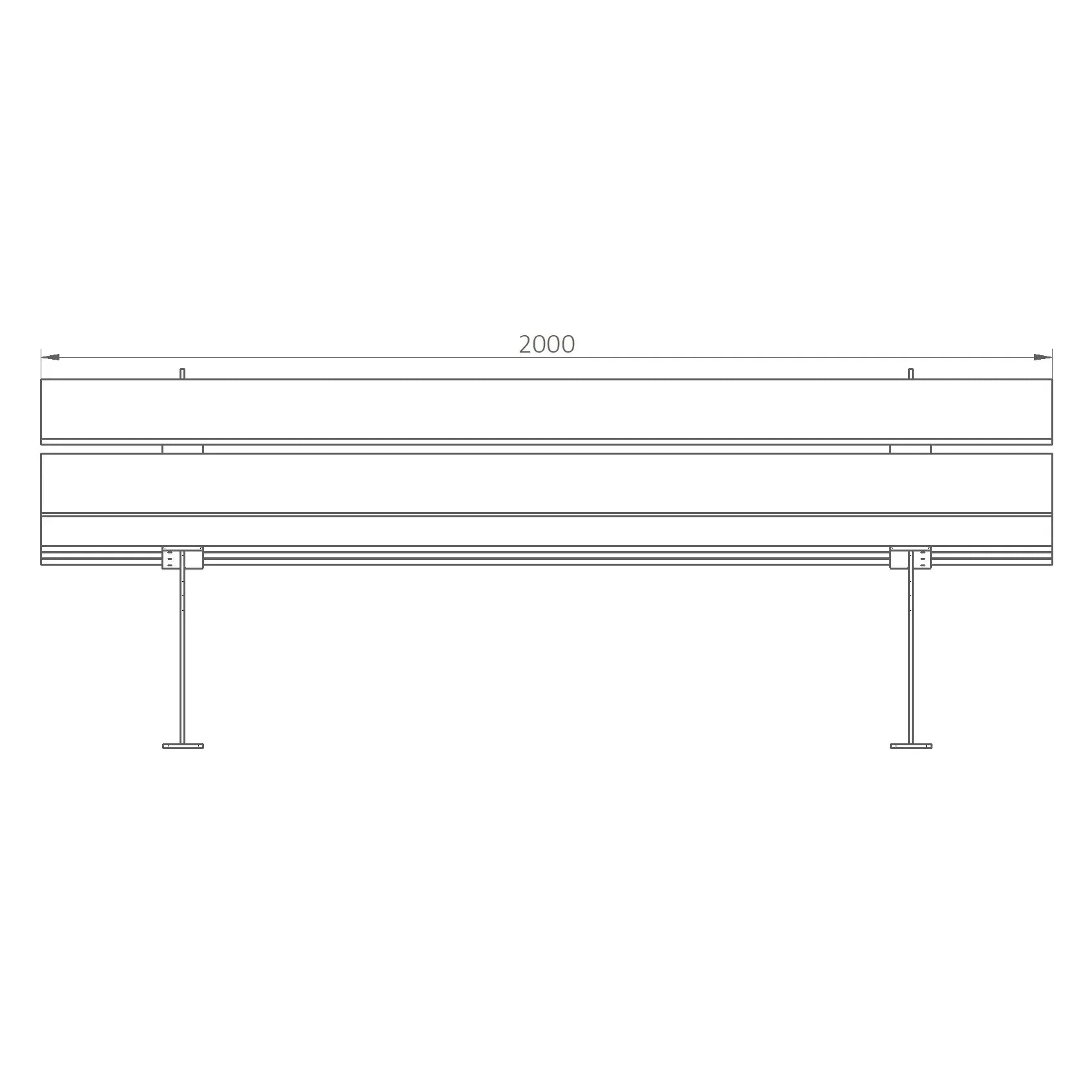 Technische Zeichnung einer Parkbank aus Metall, Breite 200 cm, Frontansicht