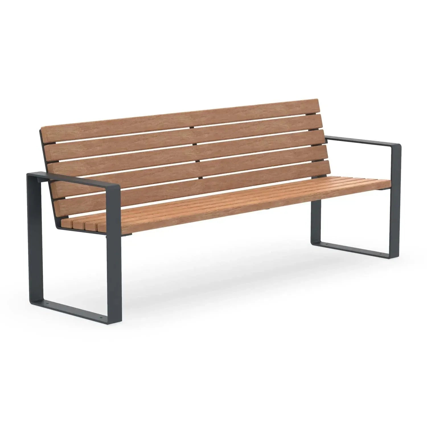 Moderne Parkbank aus Holz mit pulverbeschichtetem Metallgestell in Anthrazit, freigestellt