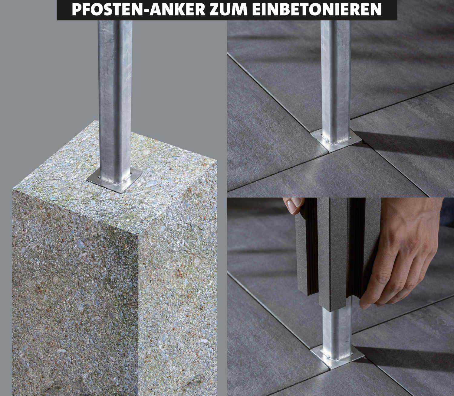 Verzinkter Pfostenanker aus Stahl zum Einbetonieren, Detailansicht Montage auf Steinboden