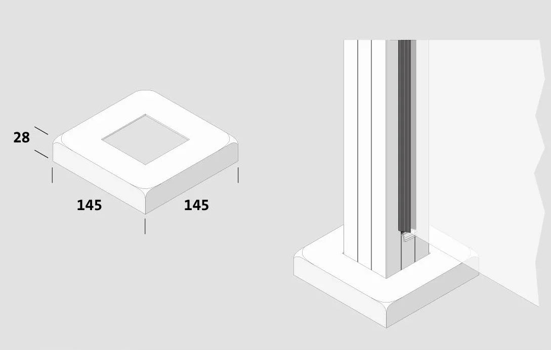 Zeichnung einer quadratischen Pfosten Abdeckkappe für Pfostenanker, mit Maßangaben 145x145x28 mm.