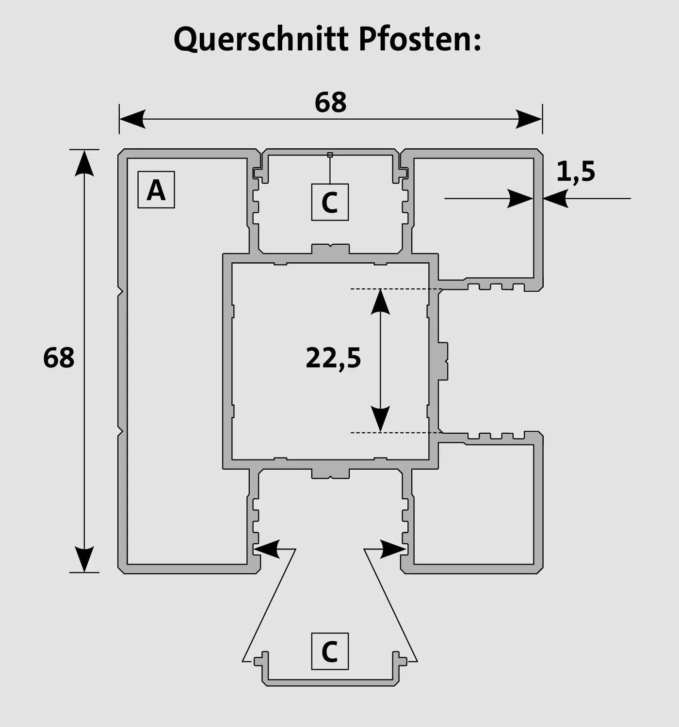 Technische Zeichnung eines Pfosten-Querschnitts aus Metall, Maße 68x68 mm, Detailansicht für Metallbau.