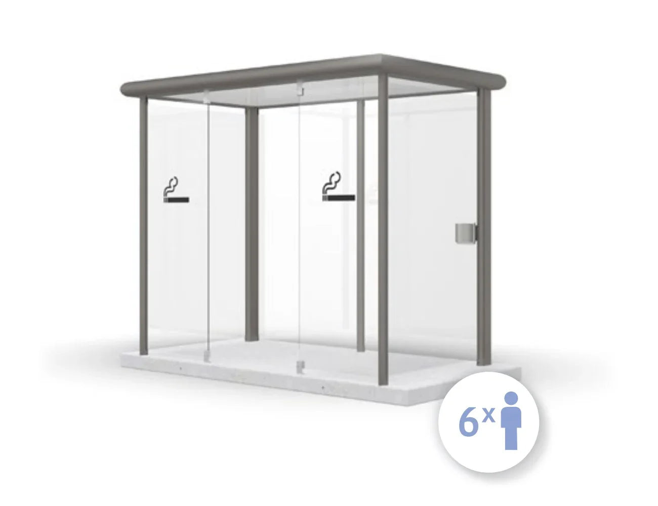 Raucherkabine aus Glas und Metall für 6 Personen, freistehend, mit Rauchersymbolen.