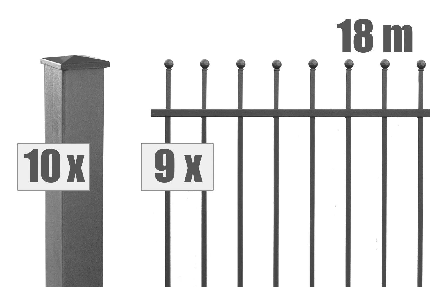 Metallzaun Set für 18 Meter, 9 Zaunelemente mit Kugelaufsatz und 10 Pfosten, modern, anthrazit