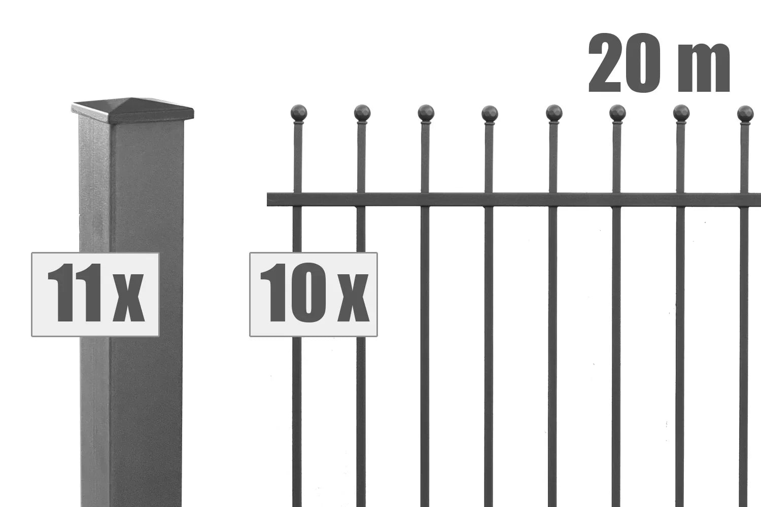 Metallzaun Set 20m, 10 Schmuckzaunfelder, 11 Zaunpfosten, pulverbeschichtet, modern