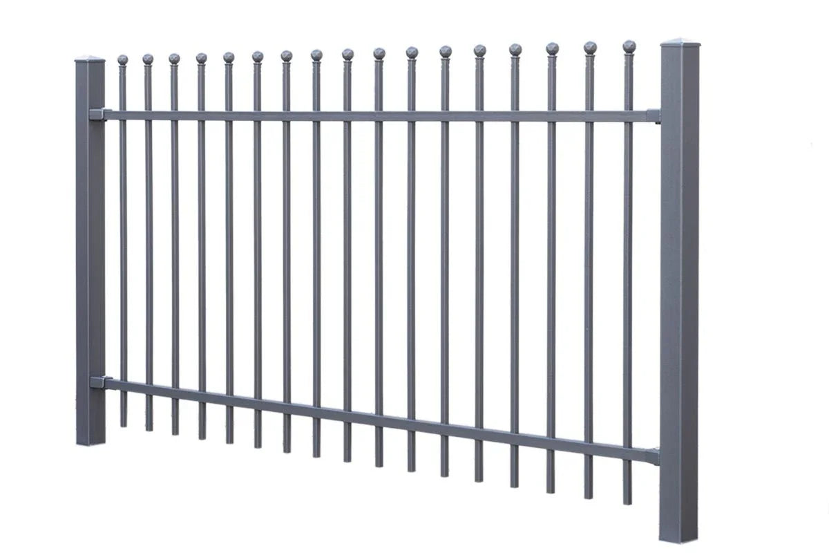 Metallzaunelement mit Kugelzier, anthrazit, moderner Schmuckzaun mit Pfosten