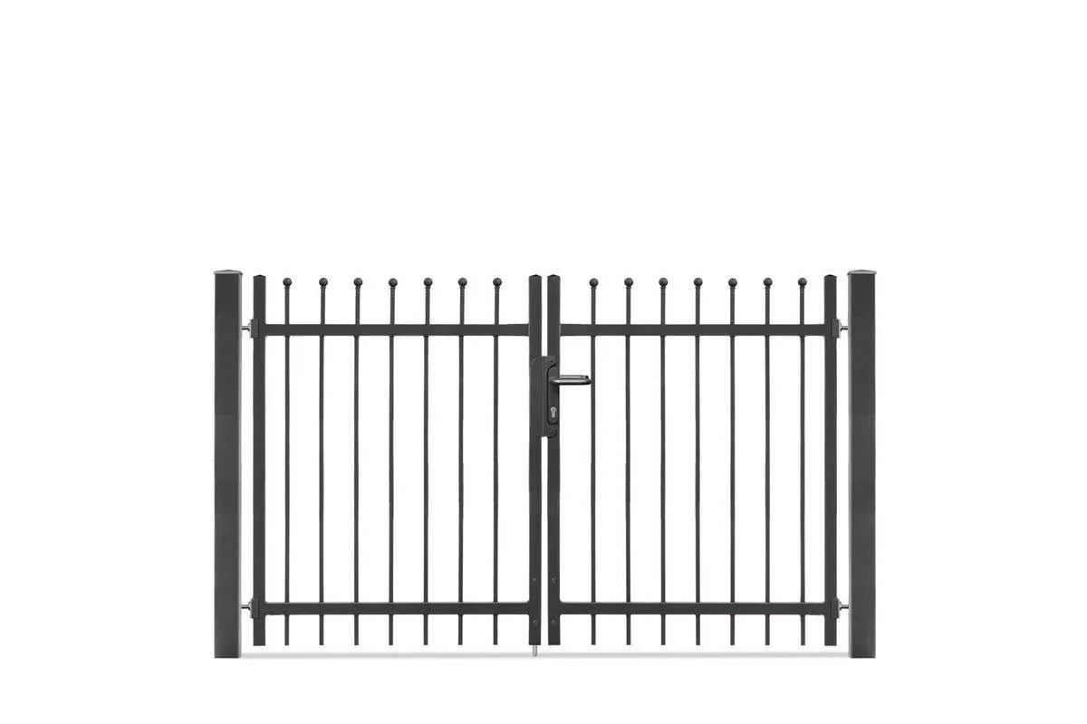Doppelflügeliges Metall Gartentor anthrazit mit Zierspitzen und Schloss, modern