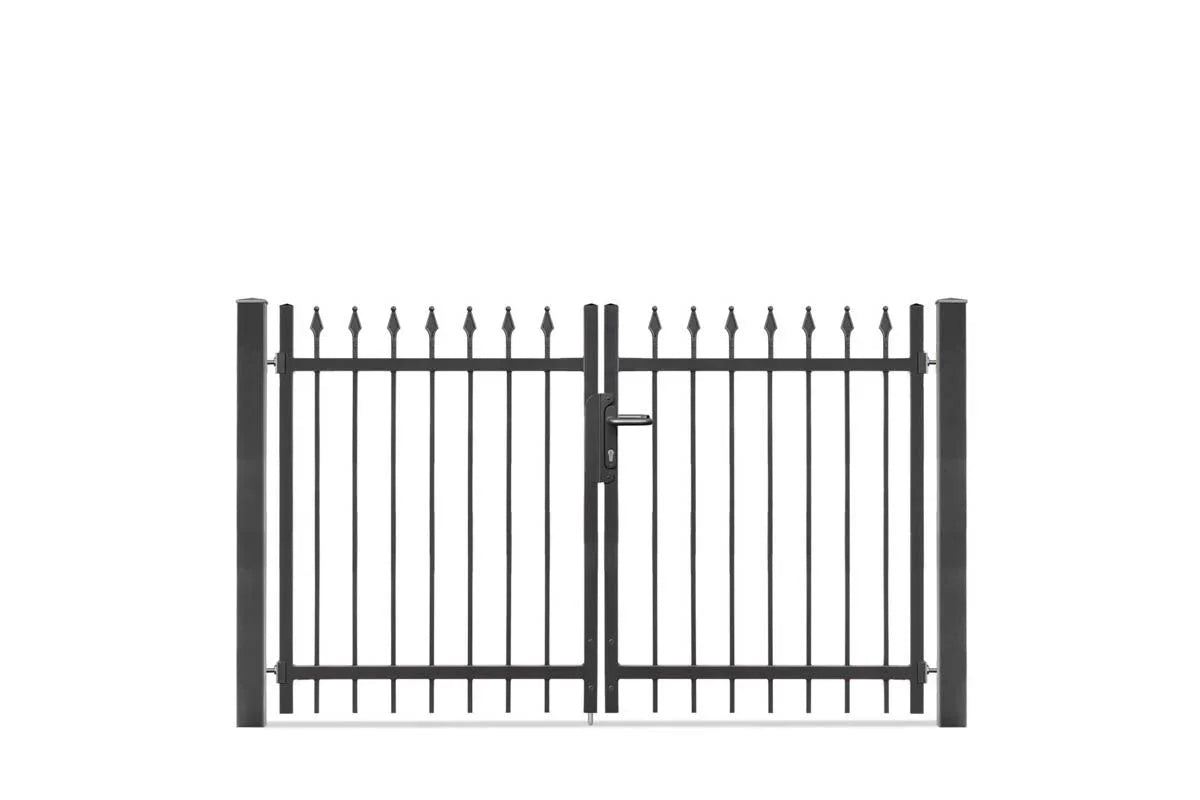 Doppel-Schmuckzaun Tor aus Metall, pulverbeschichtet, modern mit Spitzen, freigestellt