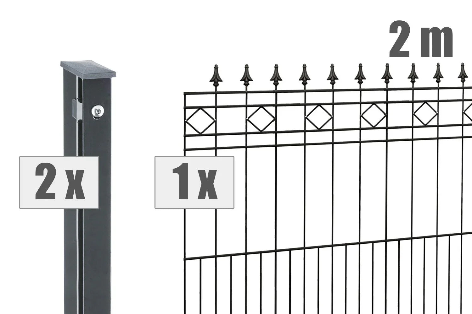 Schmuckzaun Modell RIMINI 2 Meter mit Pfosten, Zierornamente, schwarz, robustes Metallzaun-Set.