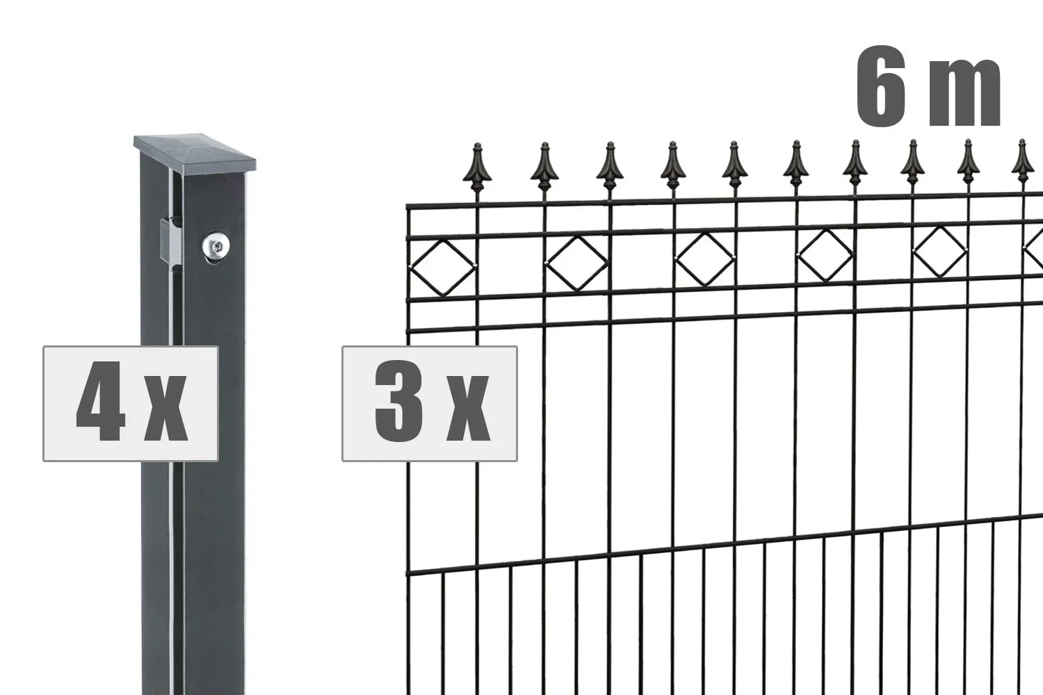 Schmuckzaun RIMINI, 6 Meter Set mit 4 Pfosten und 3 Zaunelementen im modernen Design