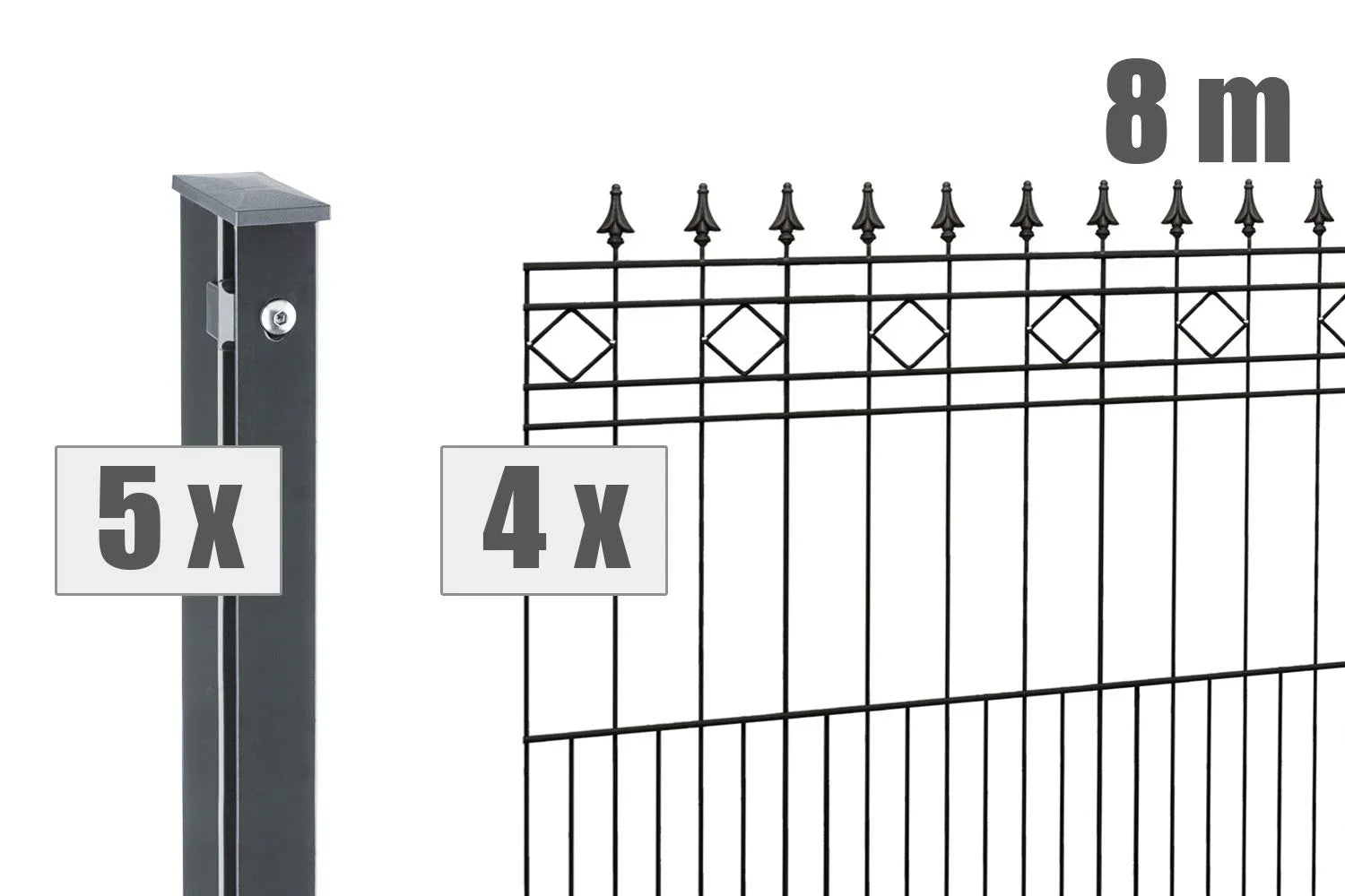 Schmuckzaun Set Rimini, 8 Meter, 4 Zaunelemente mit Spitzen, 5 Pfosten, modernes Metallzaun-Design.