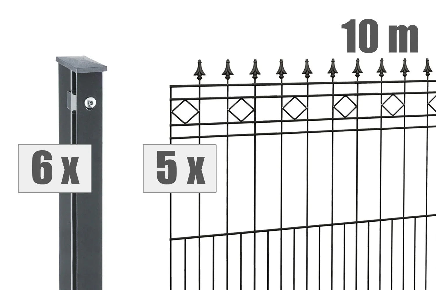 Schmuckzaun Modell RIMINI, 10 Meter Set mit 5 Zaunelementen und 6 Pfosten, dekorativ, anthrazit.