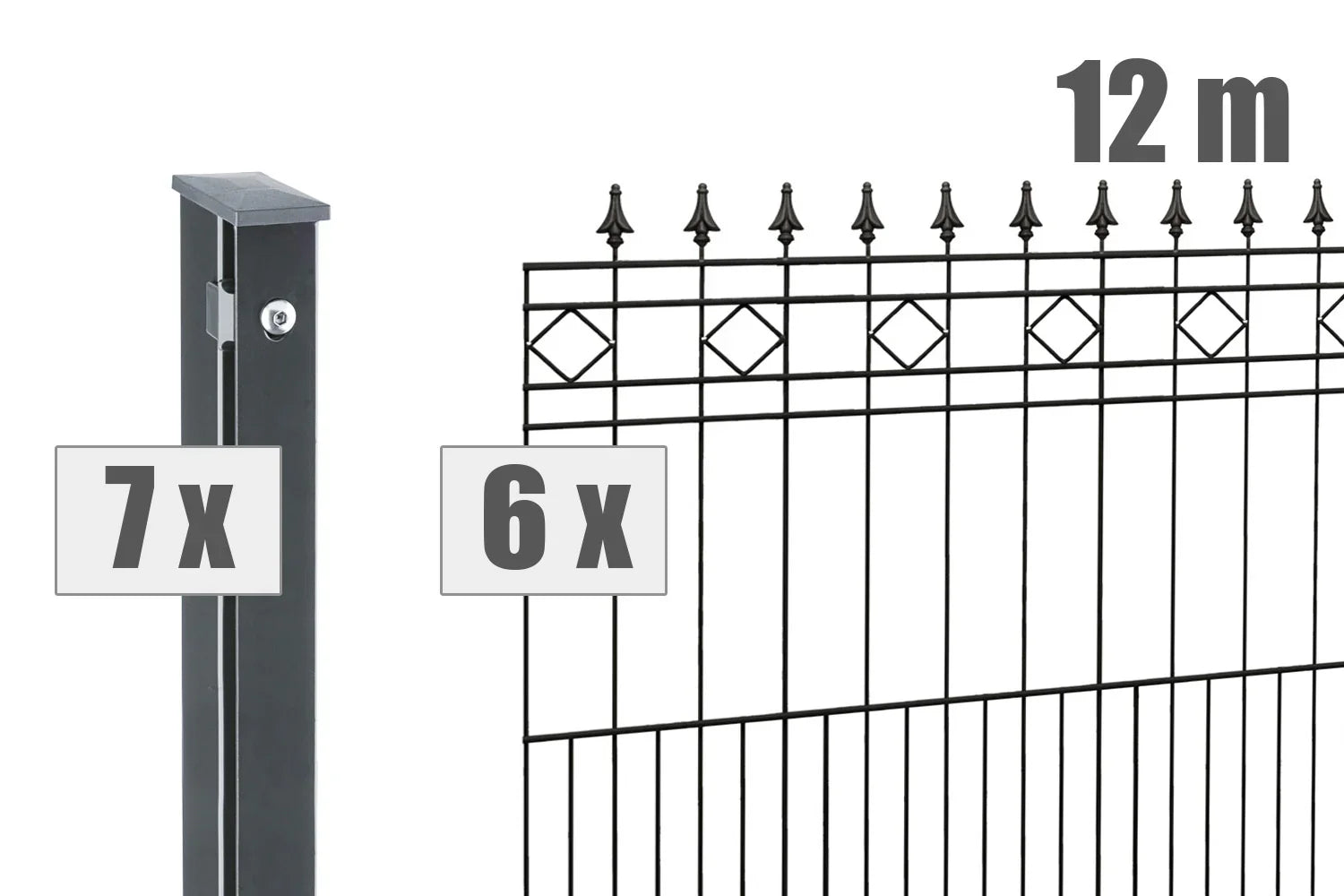 Schmuckzaun Rimini 12m Set mit 6 Zaunelementen, 7 Pfosten, dekorative Metallzaun Ornamente.