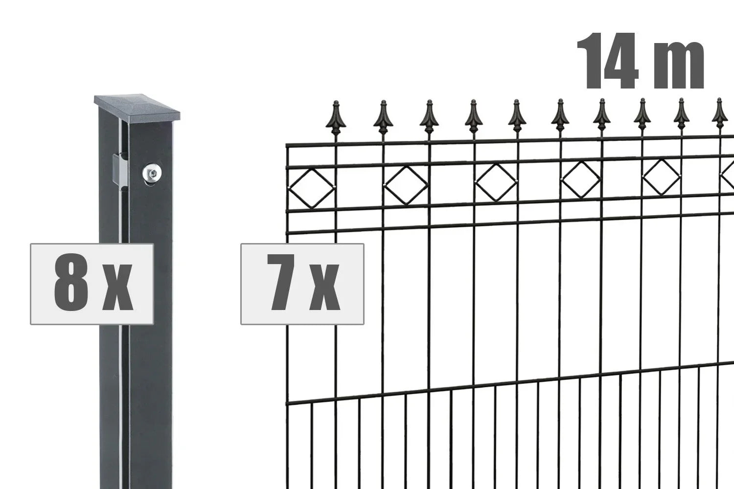 Schmuckzaun Modell RIMINI aus Metall, 14 Meter, 7 Zaunelemente, 8 Pfosten, dekorative Spitze