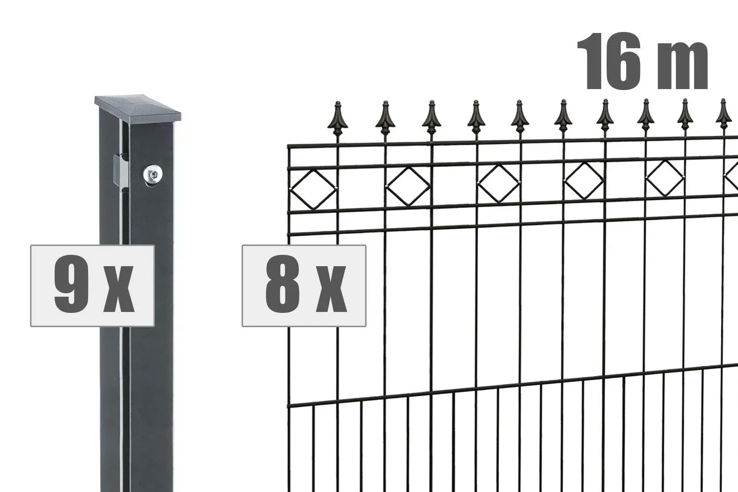 Modularer Schmuckzaun Rimini, 8 Zaunelemente, 9 Pfosten, 16 Meter, dekorative Metallelemente