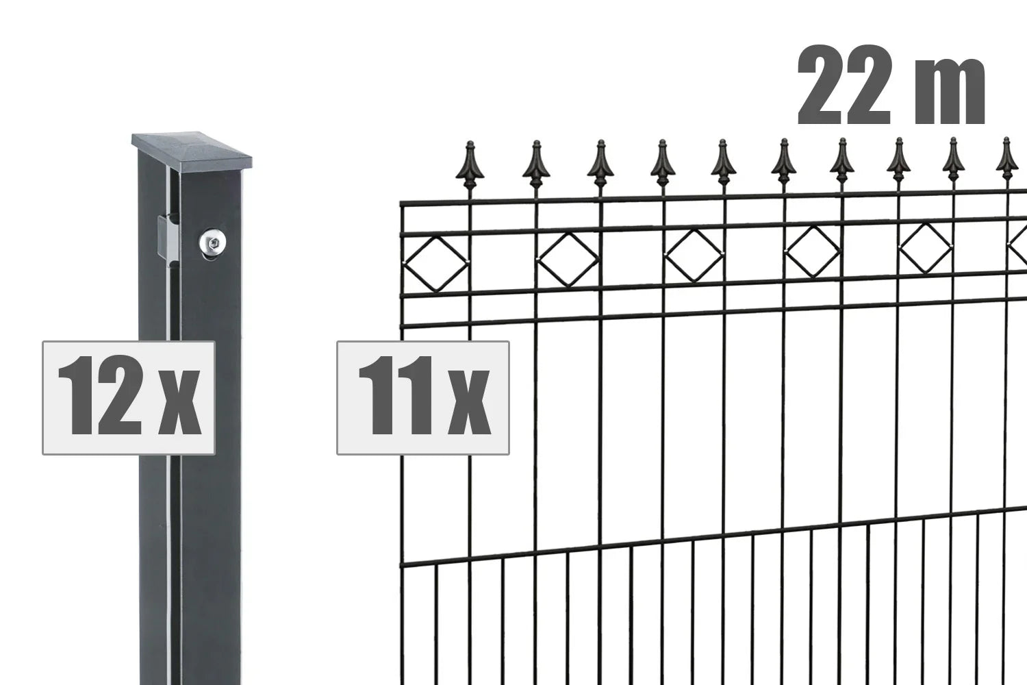 Schmuckzaun Rimini Set: 22m Metallzaun mit 12 Zaunpfosten und 11 Zaunelementen, Zierspitzen und Rauten