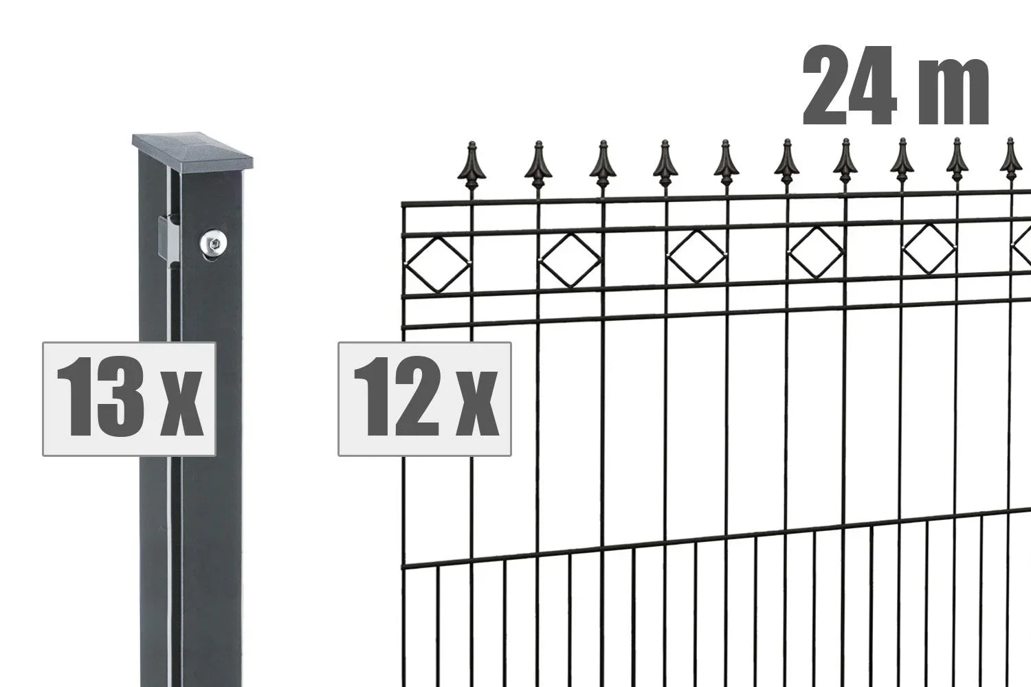 Schmuckzaun Set Rimini, 24 Meter, 12 Zaunelemente mit Zierspitzen und 13 Pfosten, anthrazit