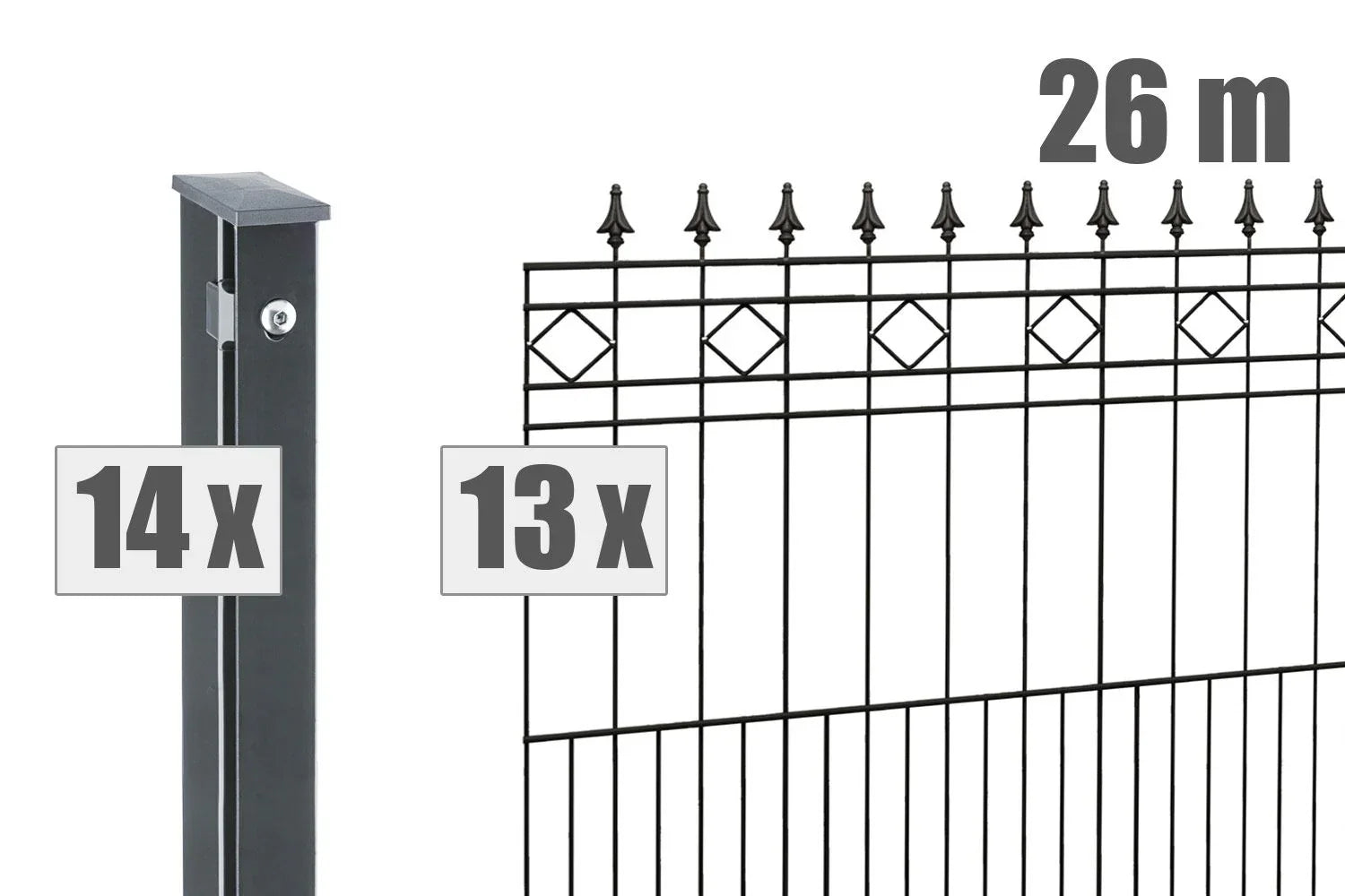 Schmuckzaun Modell RIMINI, 26 Meter, 13 Zaunfelder, 14 Pfosten, anthrazit, Zierspitzen, Metallzaun