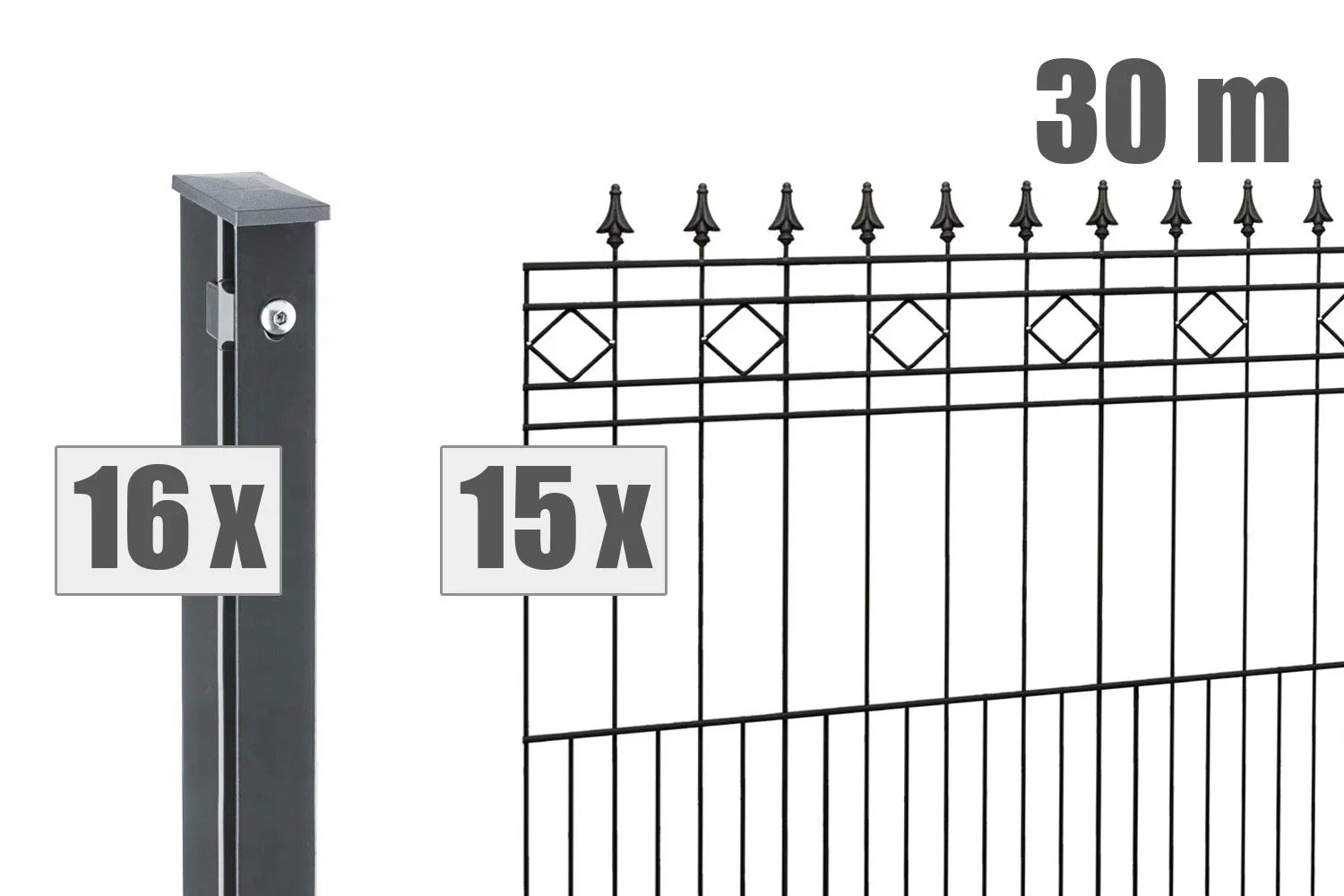 Schmuckzaun Set Rimini anthrazit, 30 Meter, 15 Zaunelemente mit Zierspitzen und 16 Pfosten