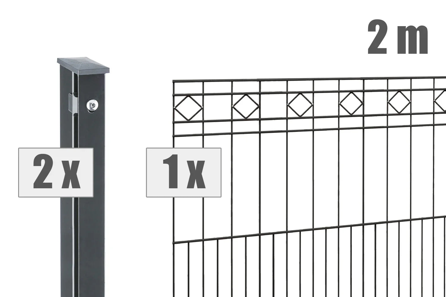 Metall Schmuckzaun TURIN mit Rautenmuster, 2 Pfosten, Zaunfeld 2 Meter breit