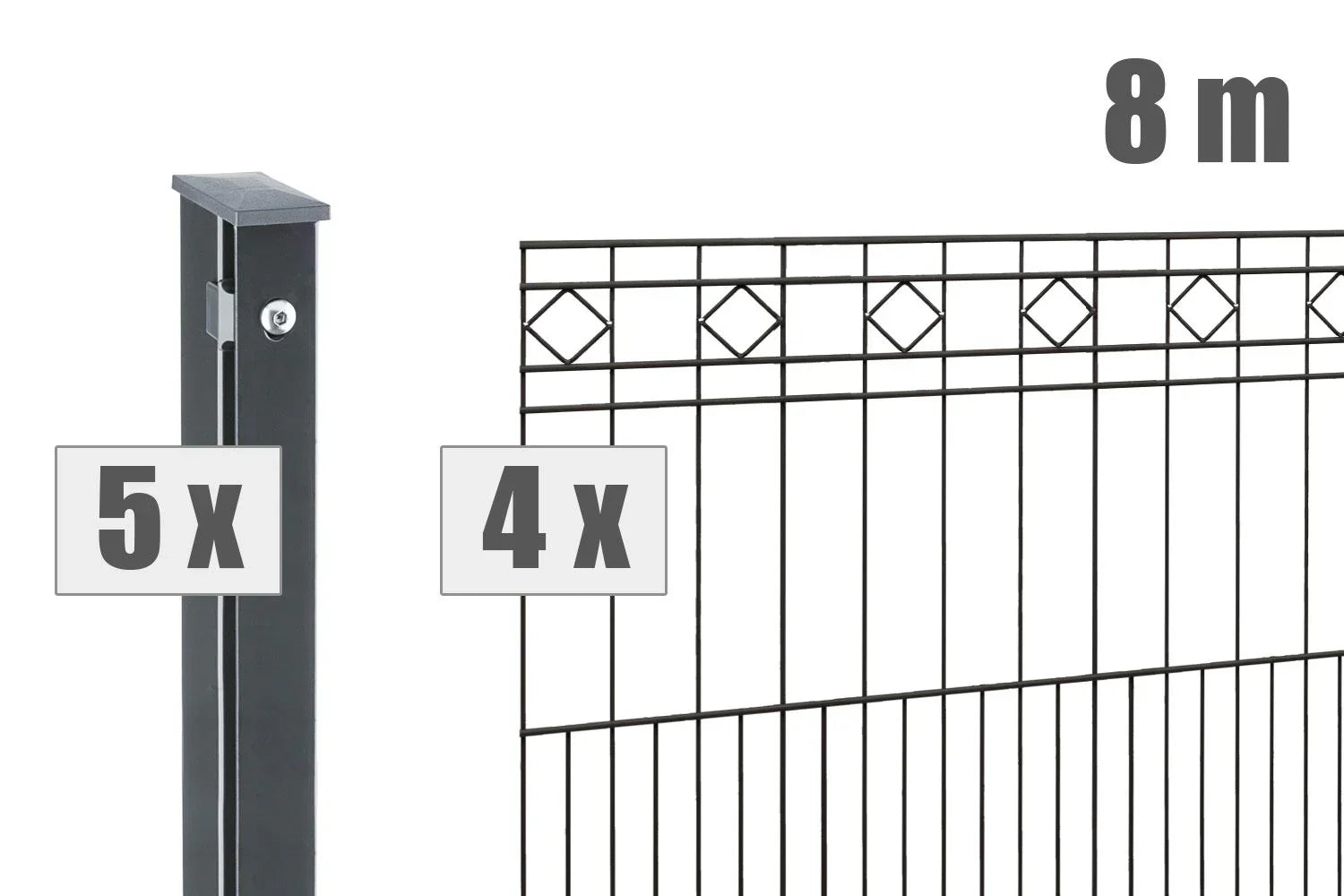 Schmuckzaun Modell TURIN aus Metall, 8m Länge, 4 Zaunfelder mit Zierelementen, 5 Pfosten