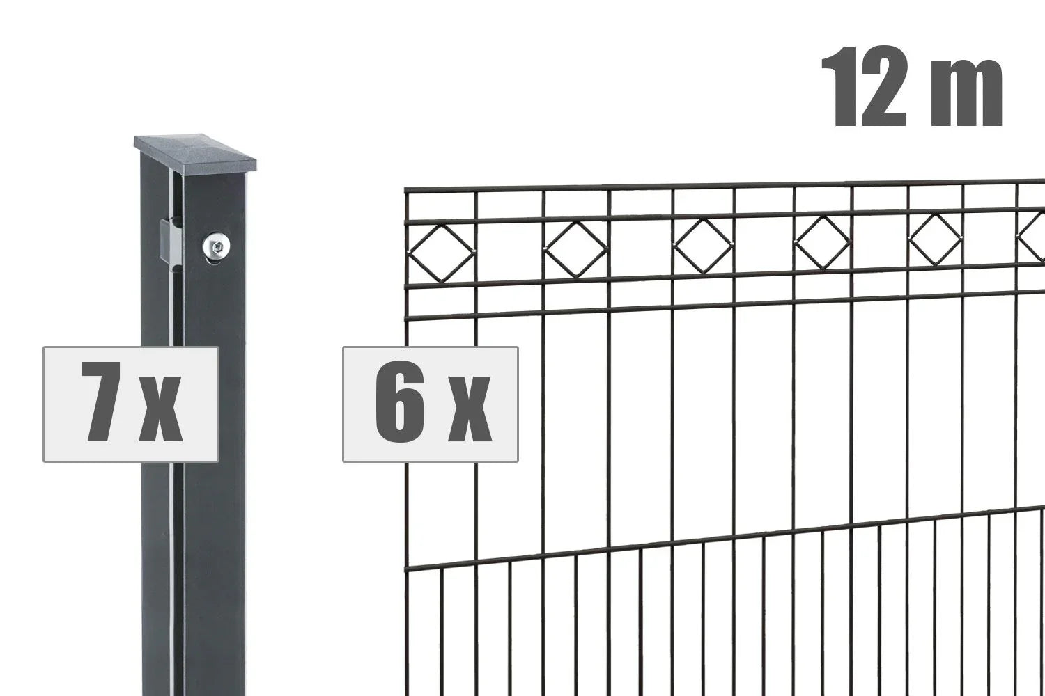Metall Schmuckzaun Turin Set, 12m Länge, 6 Zaunelemente, 7 Pfosten, Ziermuster mit Rauten